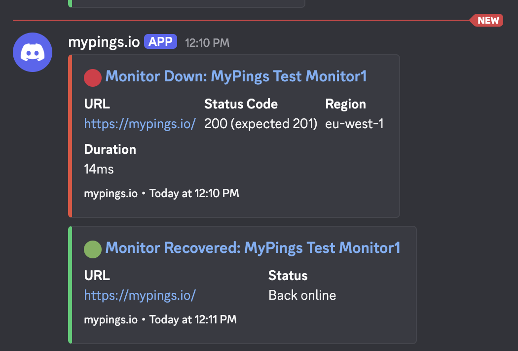 Example Discord down and recovered alert embeds