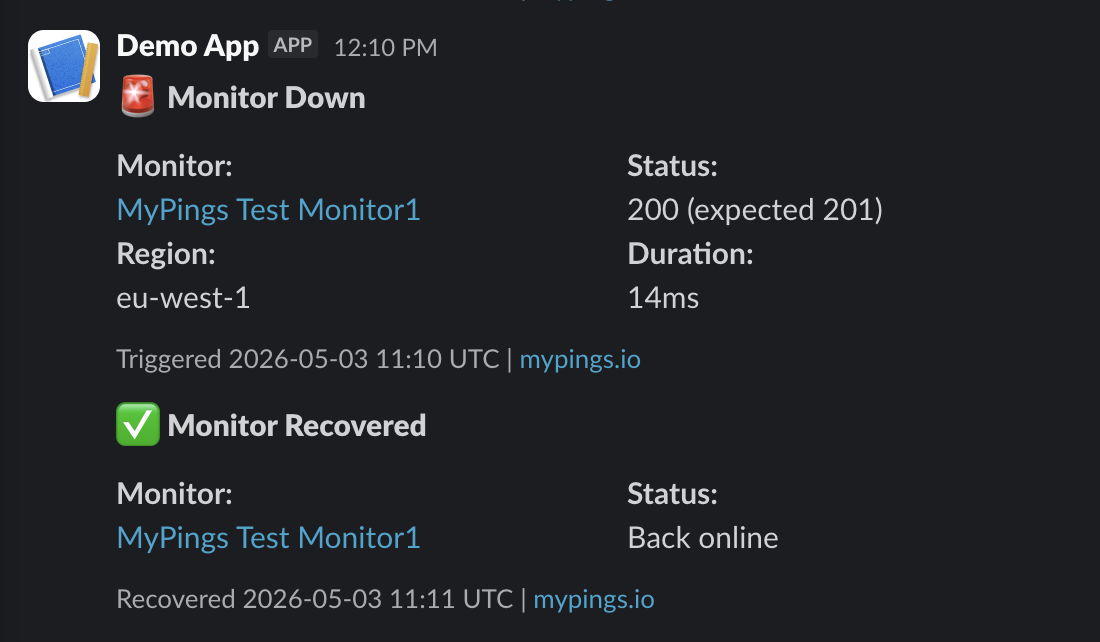 Example Slack down and recovered alert messages
